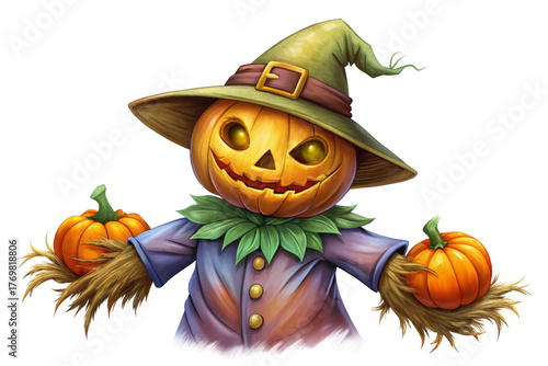 Halloween scarecrow with straw hat and pumpkin head isolated on white background representing spooky decoration
