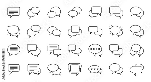 Vivid collection of speech bubble icons representing communication and dialogue, featuring an editable stroke for customization. Perfect for infographics, articles, books, flyers, and banners, this
