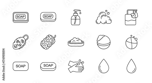 Minimalistic linear icons set representing soap, bubbles, and handwashing, perfect for web, graphic design, apps, banners, social networks, and cards. This vector cartoon illustration on a white