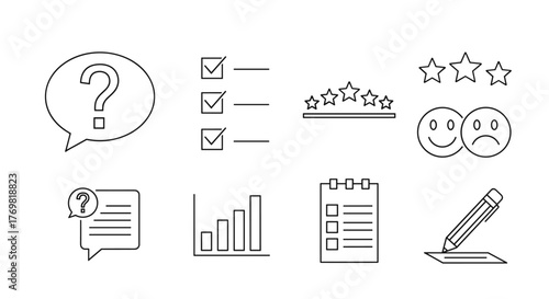Survey icon vector set, feedback illustration sign collection, including question symbol, survey web icons, satisfaction symbols for web and mobile applications, star rating, checklist, and graph