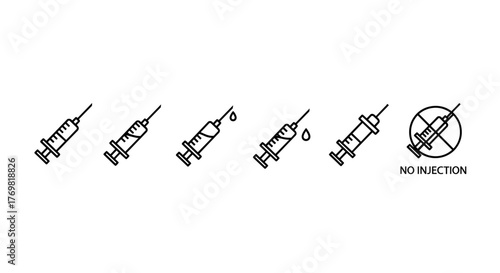 Minimalistic linear pictogram of a syringe, rendered in a clean, cartoonish vector style, perfect for web and graphic design applications, including apps, banners, social networks, and cards. This