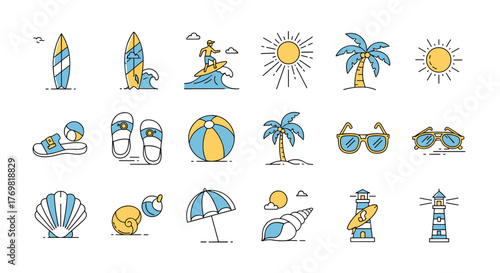 Vibrant collection of thin line icons representing summer beach and surfing themes, perfect for web, books, cards, and apps. This editable stroke vector cartoon illustration features surfboards