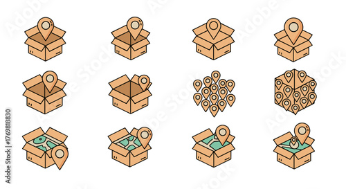 Set of twelve flat design icons representing boxes with map pins, symbolizing delivery, logistics, and location services. This collection includes various arrangements of open cardboard boxes with