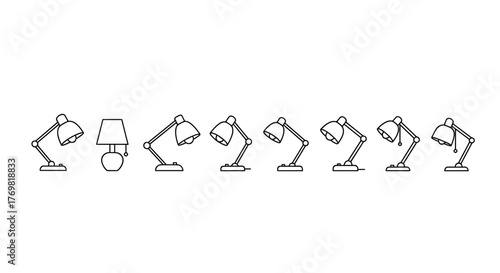 Set of seven different outline illustrations of a table lamp, each in a unique pose and angle, presented on a clean white background, perfect for graphic and web design, apps, adverts, and various