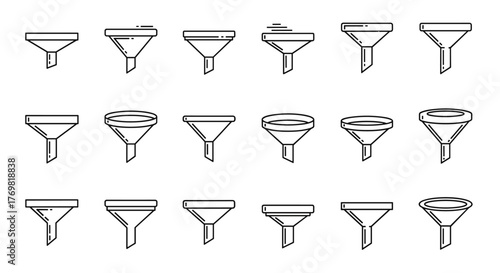 Collection of thin line icons representing funnels in various styles and perspectives, perfect for graphic design, app interfaces, and conceptual illustrations. This ordered set showcases diverse