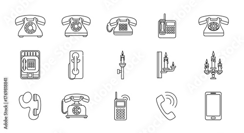Vintage Phone Thin Line Icon Set: A collection of outline signs for graphic and web design, apps, adverts, and various cards, featuring retro rotary phones, candlestick phones, payphones, mobile