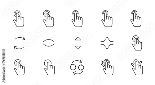 Collection of outline touch gesture icons, including finger tap, swipe, zoom, and rotation symbols, presented as editable stroke vector illustrations on a black background for digital interaction and