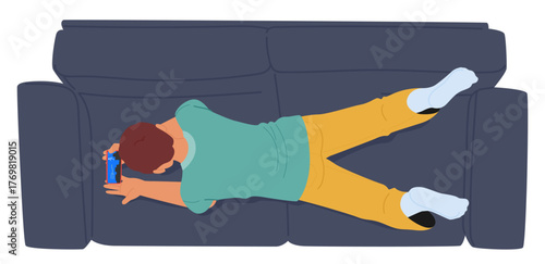 Teenage boy cartoon character lying on sofa couch playing video games on smartphone overhead view