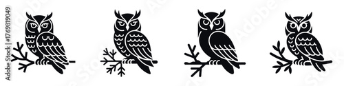 Christmas Owl Silhouette Vector Illustration – Festive Winter Bird Sitting on Branch, Woodland Animal Design for Holiday Decoration, Seasonal Art, and Christmas Nature-Themed Graphic