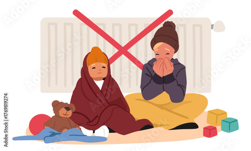 Children wrapped in blankets sitting on floor nearby radiator feeling frozen in lack of heating