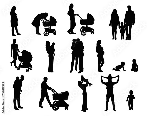 Family silhouettes with parents and children vector illustration. Collection of family silhouettes with parents, children, and babies. Vector illustration showing motherhood, fatherhood, and family