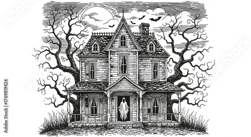 Spooky haunted house with a ghost floating in the doorway, perfect for Halloween and horror themes, sketch engraving style, generative AI vector illustration