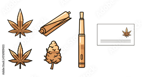 Golden cannabis leaf icons, a rolled joint, a vape pen, and a business card with a cannabis emblem, presented as a clean vector cartoon illustration on a black background, symbolizing the cannabis