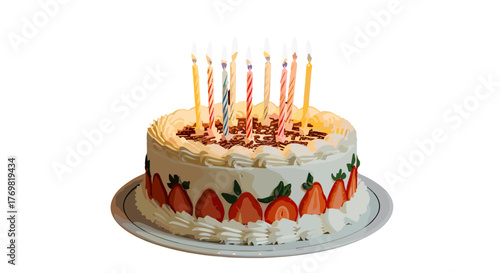 A beautifully decorated round cake adorned with fresh strawberries and swirls of white frosting, topped with lit birthday candles, presented against a stark black background, evoking celebration and