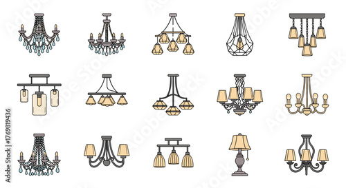 Collection of 15 diverse chandelier and lighting fixture illustrations, featuring ornate crystal designs, modern geometric shapes, and classic lamp styles, presented as clean vector line art on a
