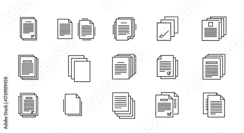 A collection of white outline document icons representing single and multiple pages, presented on a black background, ideal for digital interfaces and business presentations, conveying concepts of