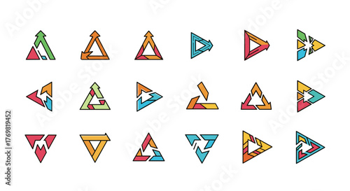 Set of 18 colorful triangle arrow logo designs and brand templates, presented as a vector cartoon illustration on a black background, showcasing a variety of abstract geometric shapes and directional
