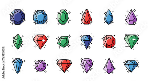 Collection of sparkling, colorful gemstones and diamonds in various cuts and shapes, presented as a vector cartoon illustration with a clean white background, ideal for logos and design elements.