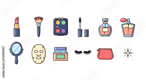Set of vibrant cartoon cosmetic icons for social media highlights, featuring lipstick, makeup brush, eyeshadow palette, mascara, perfume bottles, mirror, face mask, cream jar, false eyelashes, and