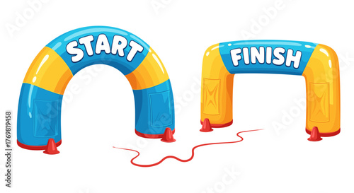 Vibrant cartoon illustration of inflatable start and finish line gates, perfect for sports games and races, featuring bold blue and yellow colors and clear text, isolated on a white background