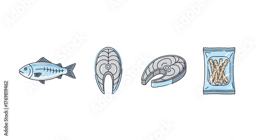 Set of minimalistic, cartoon-style vector illustrations depicting various forms of fish products: a whole fish, two steak cuts, and a package of fish sticks, perfect for web, graphic design, apps