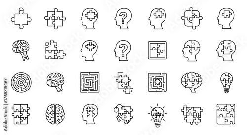 Set of line art icons representing concepts of intelligence, problem-solving, and creativity, featuring puzzle pieces forming brains, heads, and lightbulbs, against a clean white background, ideal