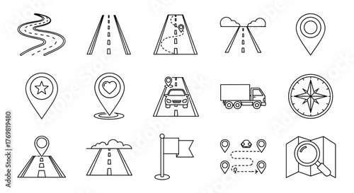 Collection of outline icons representing navigation and travel, including winding roads, highways with lane markings, map pins with stars and hearts, a car on a road, a truck, a compass rose, a flag