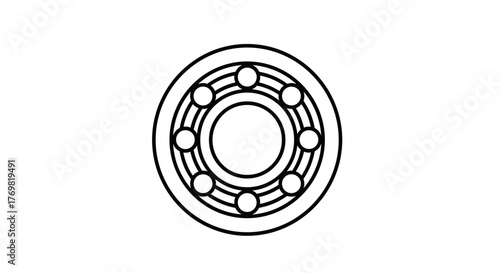 Abstract circular line art icon representing a ball bearing with concentric circles and evenly spaced spheres, symbolizing mechanical engineering, precision, and industrial components. Clean