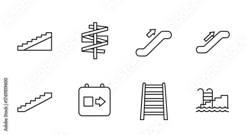 Collection of linear pictograms and silhouettes representing various types of stairs, escalators, ladders, and pool stairs, symbolizing movement, ascent, descent, and accessibility in a clean, modern