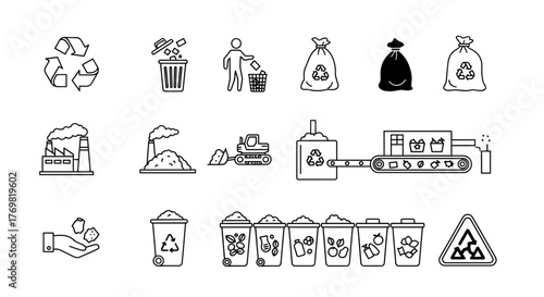 Comprehensive Waste Management Icon Set: A Visual Collection Featuring Recycling, Litter, Trash, Pollution, Landfill, Waste Sorting, Composting, and More, Presented as Solid Vector Graphics for