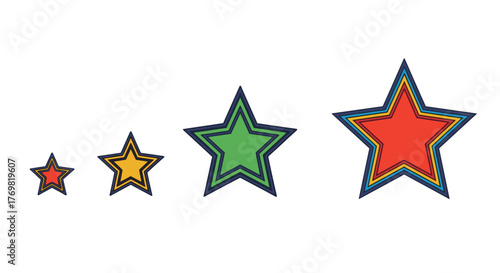 Vibrant and modern bold serif star font illustration featuring an ordered set of stars in various sizes and colors, including red, yellow, green, and a larger red star with multiple colored outlines