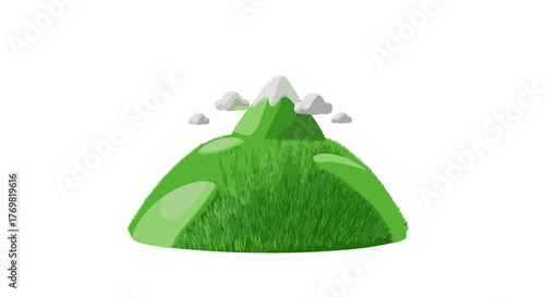 Stylized 3D cartoon green grass hill with a snow-capped mountain peak and fluffy white clouds, rendered as a nature illustration on a transparent background, perfect for environmental and landscape