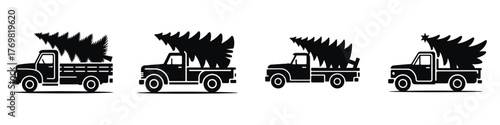 Christmas Truck Silhouette Vector Illustration – Vintage Pickup Carrying Christmas Tree, Festive Holiday Vehicle Design for Winter Decoration, Seasonal Art, and Christmas Celebration