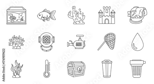 Set of outline icons for aquarium and underwater themes, including fish, coral, diver's helmet, treasure chest, and water drop, suitable for graphic and web design, apps, adverts, and various cards