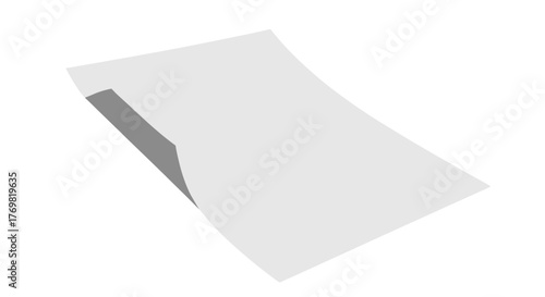 A blank white sheet of paper is bent and curled at the corner, casting a subtle shadow on a plain gray background, creating a clean and minimalist mockup perfect for design presentations, graphic