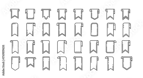 Collection of 24 outline bookmark and ribbon signs with editable stroke, perfect for infographics, articles, books, flyers, banners, and vector cartoon illustrations with a white background