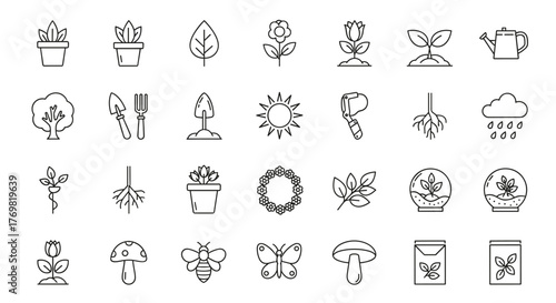 A comprehensive collection of botany-themed line icons, featuring potted plants, blooming flowers, trees, garden tools, roots, sun, rain cloud, insects like bees and butterflies, mushrooms, seeds