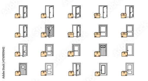 Set of 20 simple thin line icon illustrations of boxes placed by various doors, perfect for web sites, books, cards, and apps, presented as a vector cartoon illustration on a white background