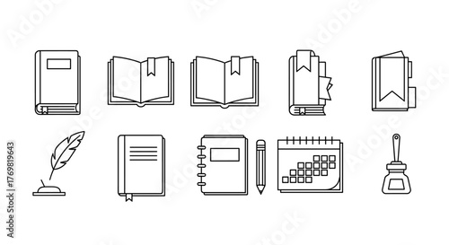 Collection of outline icons representing books, bookmarks, diaries, a quill pen, a pencil, a calendar, and an inkwell, perfect for graphic design, web design, apps, advertisements, and various cards