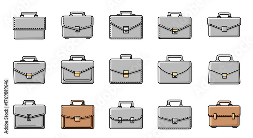 Collection of diverse briefcases and briefcases for office work and business, perfect for infographics, articles, books, flyers, and banners, featuring editable strokes and a modern flat design