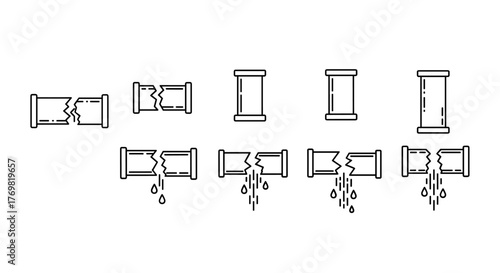 Set of minimalistic pictogram illustrations depicting broken pipes, drawn with thin lines on a white background. The collection showcases different stages of pipe damage, from intact to fractured