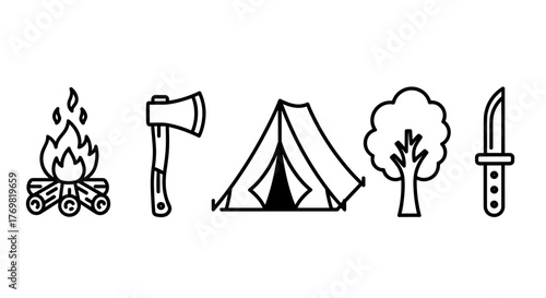 Camping and Outdoor Adventure Icon Set: A collection of line art icons featuring a bonfire, axe, tent, tree, and knife, perfect for illustrating travel, lifestyle, and outdoor activities in
