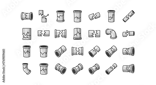 Collection of broken pipe icons in a cartoon style, featuring various states of damage and angles, perfect for web design, books, cards, and app interfaces, presented as editable stroke vector