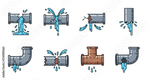 Collection of eight distinct vector illustrations depicting broken pipes with water leaks, showcasing various crack types and water flow patterns, isolated on a black background for versatile graphic