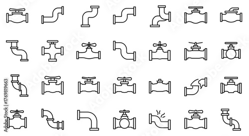Set of 32 vivid, thin line icons representing broken pipes and plumbing issues, perfect for web, books, cards, and apps. This vector cartoon illustration features an editable stroke and a clean white
