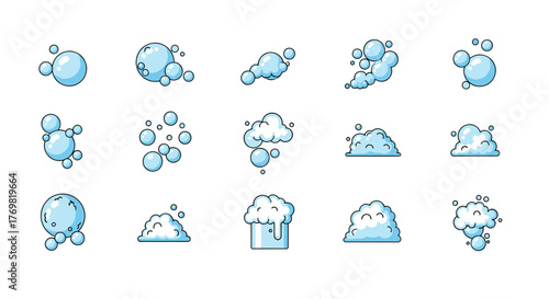 Collection of cartoon-style bubbles and foam illustrations, isolated on a black background, perfect for web design, book covers, greeting cards, and app interfaces, offering a clean and ordered set