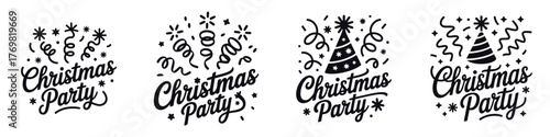 Christmas Party Lettering Vector Illustration – Festive Holiday Typography with Confetti, Celebration Hat, and Decorative Elements for Winter Event, New Year, and Seasonal Greeting Design