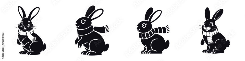 Obraz premium Christmas Bunny Silhouette Vector Illustration – Cute Winter Rabbit Wearing Scarf, Festive Woodland Animal Design for Holiday Greeting, Seasonal Art, and Christmas Decoration