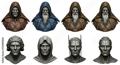 Collection of eight distinct character busts, featuring hooded figures with beards in earthy and blue tones, alongside stone-like sculptures and futuristic metallic heads, presented against a stark