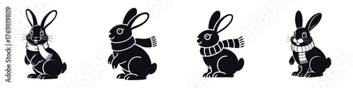 Christmas Bunny Silhouette Vector Illustration – Cute Winter Rabbit Wearing Scarf, Festive Woodland Animal Design for Holiday Greeting, Seasonal Art, and Christmas Decoration